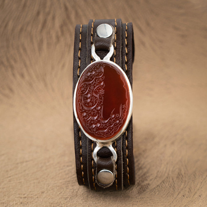  دستبند چرم مردانه عقیق سرخ یمنی 
