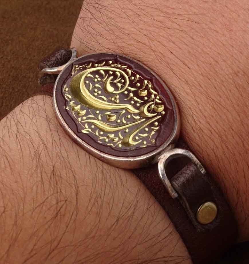  دستبند چرم عقیق سرخ خطی 